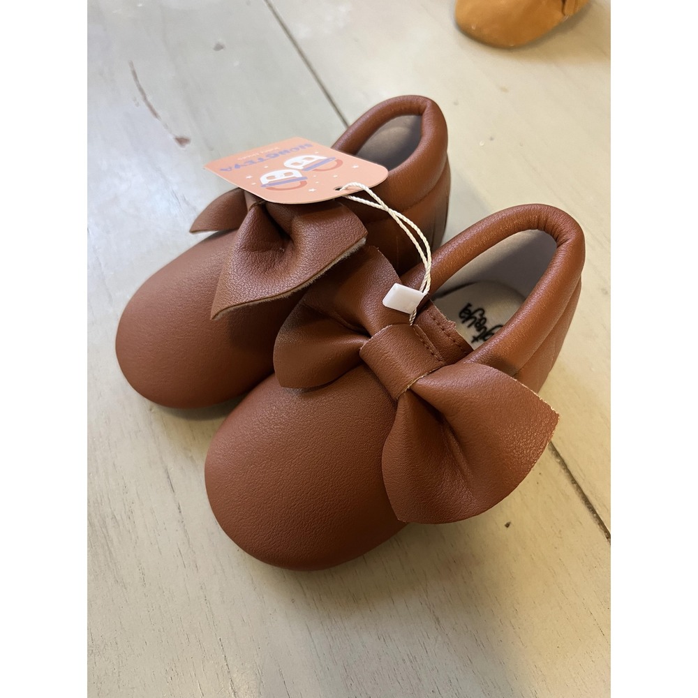 Hongteya Baby Girls Cognac Brown Faux Leather Bow Moccasins Soft Sole Shoes 5C